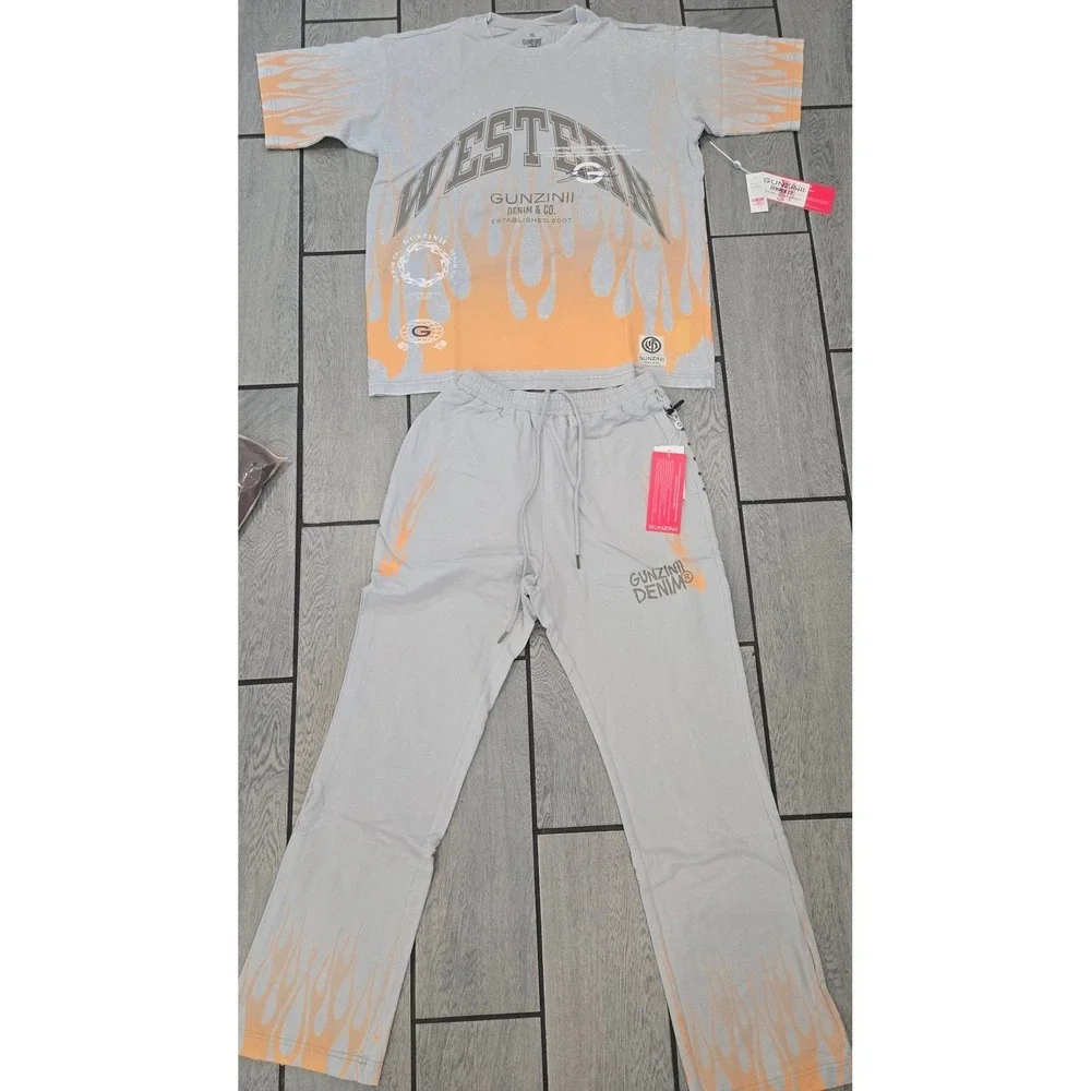 Gunzinii Denim Co 2XL Grey Orange Flame 11:11 Graphic T-Shirt Sweatpants Set